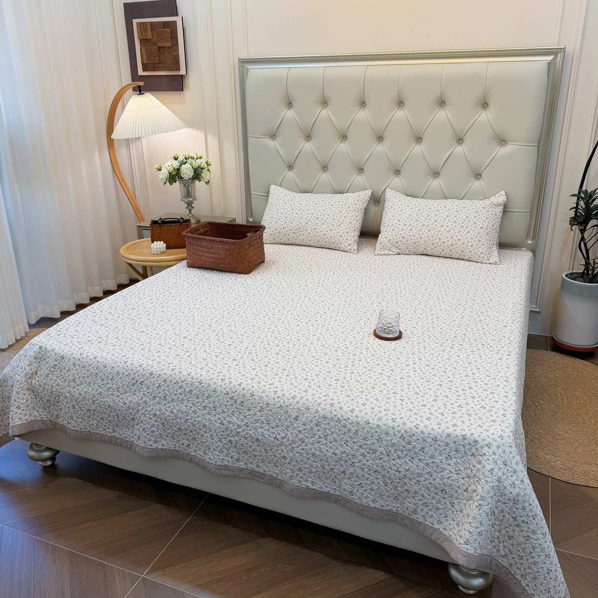 91家纺网 家纺一手货源 找家纺 床盖工厂店 2025新款全棉天竺棉麻三件套填充棉花床盖三件套花卉系列 花田半亩