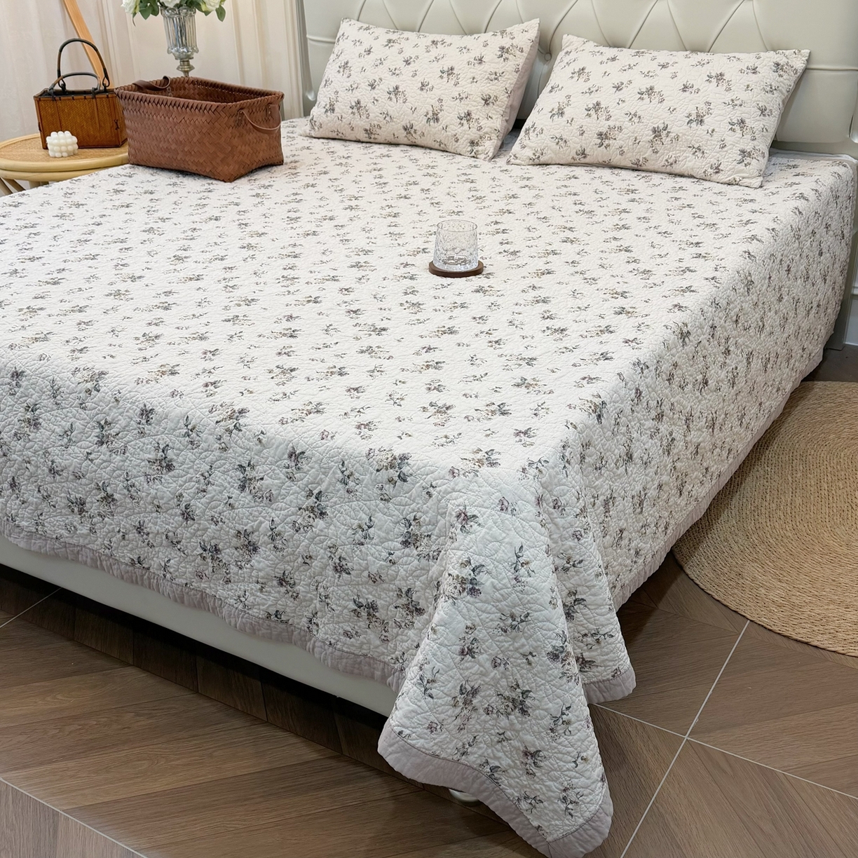 91家纺网 家纺一手货源 找家纺 床盖工厂店 2025新款全棉天竺棉麻三件套填充棉花床盖三件套花卉系列 声声慢