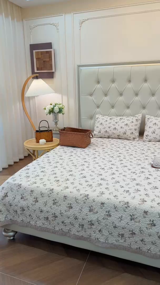 91家纺网 家纺一手货源 找家纺 床盖工厂店 2025新款全棉天竺棉麻三件套填充棉花床盖三件套花卉系列 声声慢