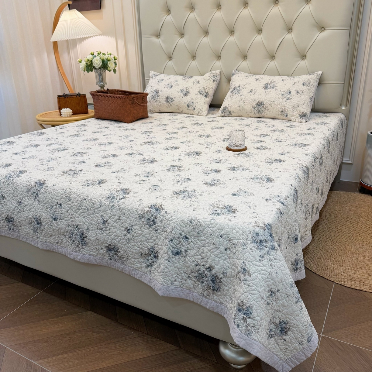 91家纺网 家纺一手货源 找家纺 床盖工厂店 2025新款全棉天竺棉麻三件套填充棉花床盖三件套花卉系列 心上玫瑰