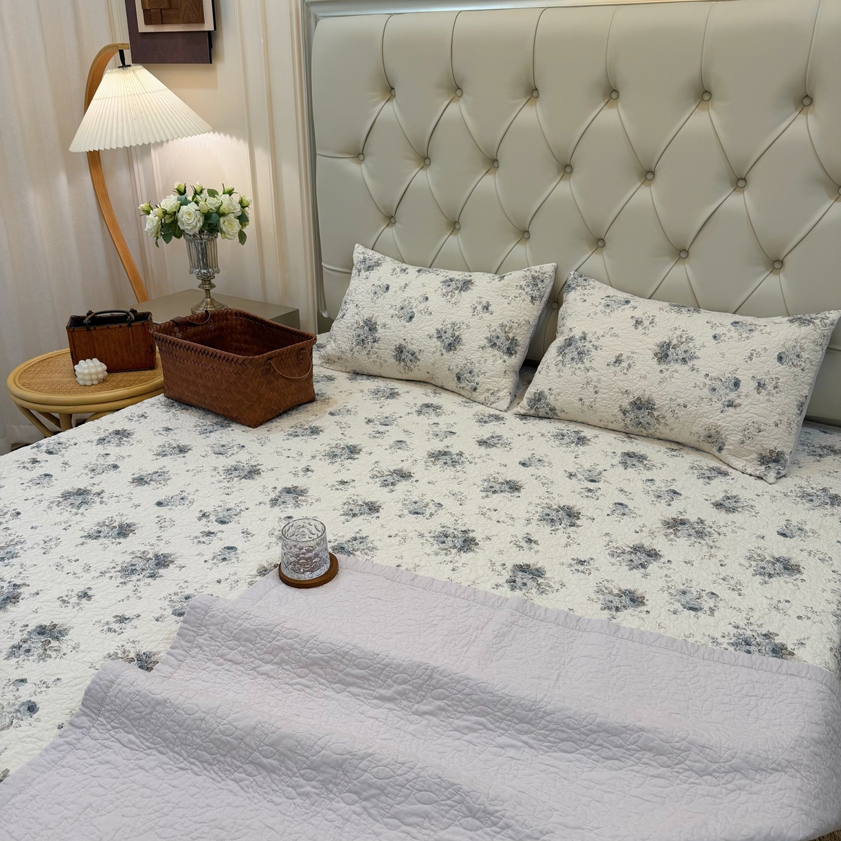 91家纺网 家纺一手货源 找家纺 床盖工厂店 2025新款全棉天竺棉麻三件套填充棉花床盖三件套花卉系列 心上玫瑰