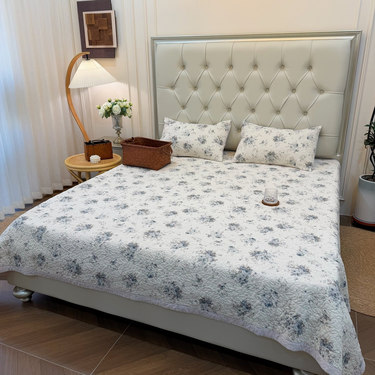 91家纺网 家纺一手货源 找家纺 床盖工厂店 2025新款全棉天竺棉麻三件套填充棉花床盖三件套花卉系列 心上玫瑰