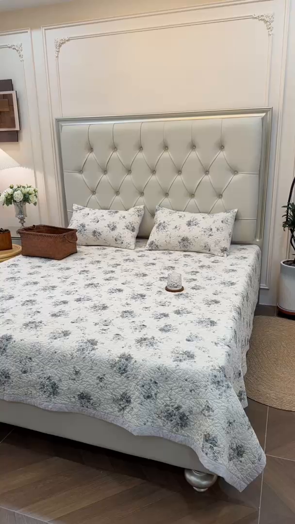 91家纺网 家纺一手货源 找家纺 床盖工厂店 2025新款全棉天竺棉麻三件套填充棉花床盖三件套花卉系列 心上玫瑰