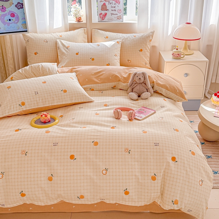 91家纺网 家纺一手货源 找家纺 曼之夏 2025新款全棉印花四件套-系列二 橘子格