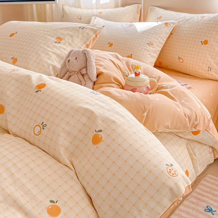 91家纺网 家纺一手货源 找家纺 曼之夏 2025新款全棉印花四件套-系列二 橘子格