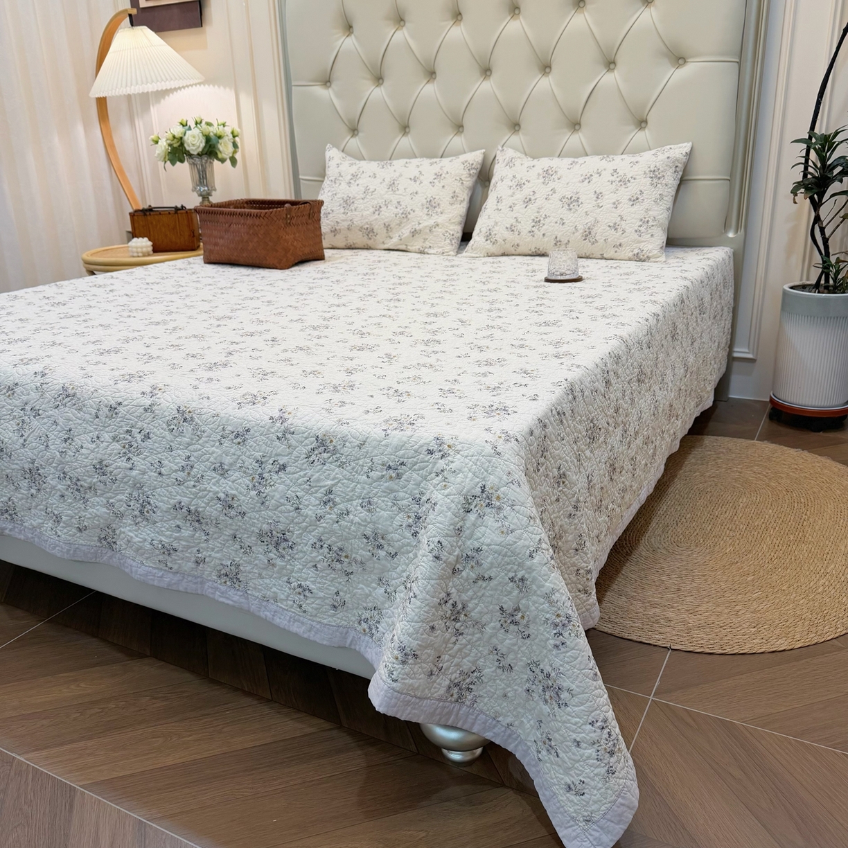 91家纺网 家纺一手货源 找家纺 床盖工厂店 2025新款全棉天竺棉麻三件套填充棉花床盖三件套花卉系列 心野薄雾