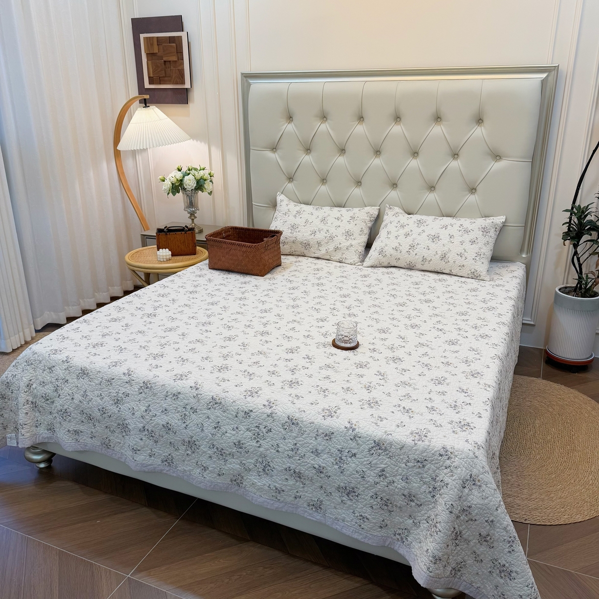 91家纺网 家纺一手货源 找家纺 床盖工厂店 2025新款全棉天竺棉麻三件套填充棉花床盖三件套花卉系列 心野薄雾