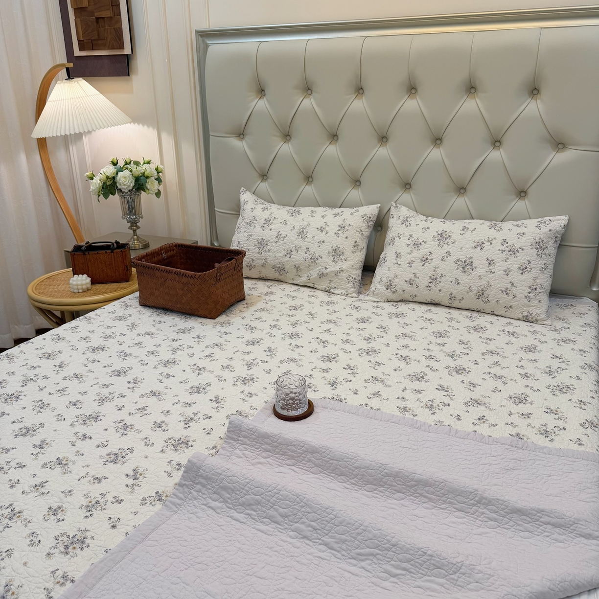 91家纺网 家纺一手货源 找家纺 床盖工厂店 2025新款全棉天竺棉麻三件套填充棉花床盖三件套花卉系列 心野薄雾