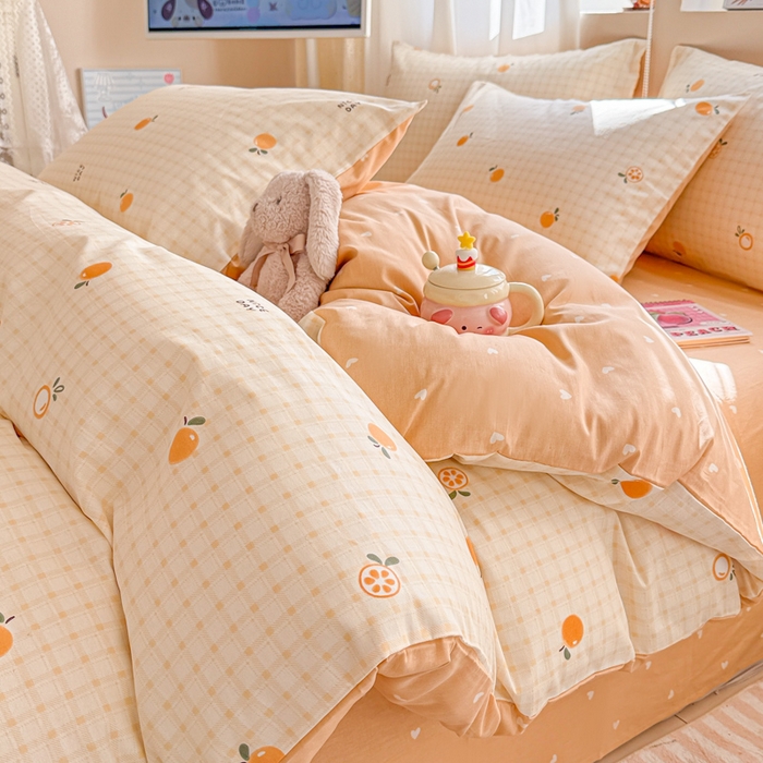 91家纺网 家纺一手货源 找家纺 曼之夏 2025新款全棉印花四件套-系列二 橘子格