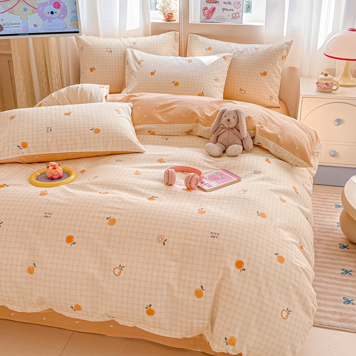 91家纺网 家纺一手货源 找家纺 曼之夏 2025新款全棉印花四件套-系列二 橘子格