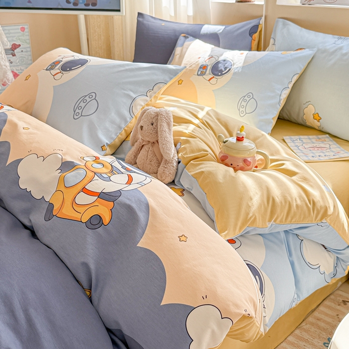 91家纺网 家纺一手货源 找家纺 曼之夏 2025新款全棉印花四件套-系列二 蓝星太空人