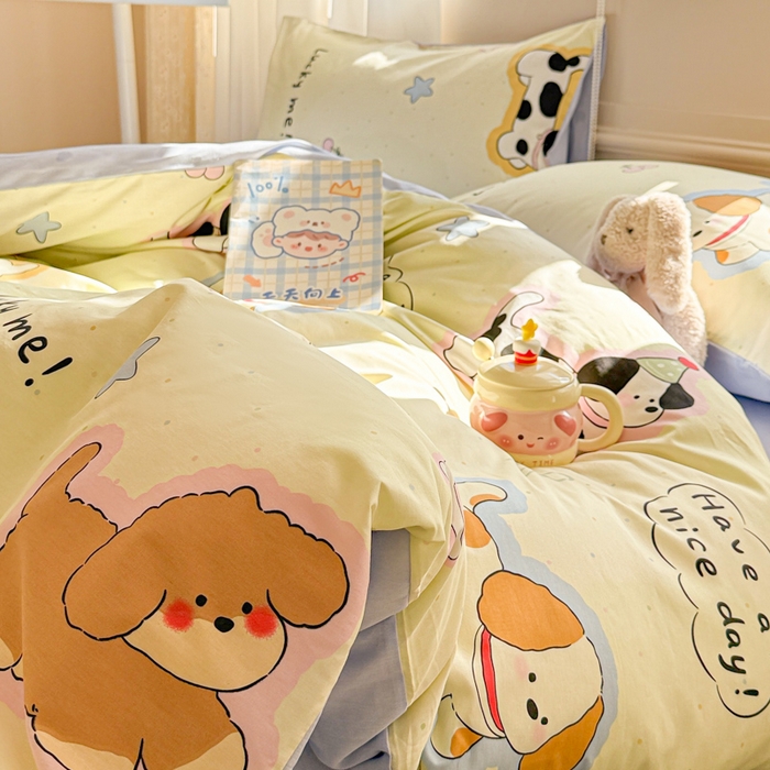 91家纺网 家纺一手货源 找家纺 曼之夏 2025新款全棉印花四件套-系列二 奶油羞羞狗