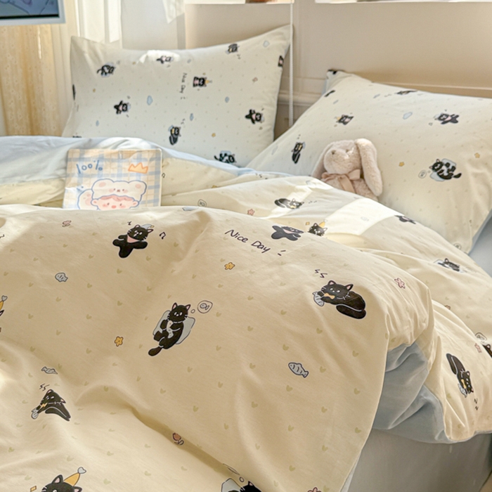 91家纺网 家纺一手货源 找家纺 曼之夏 2025新款全棉印花四件套-系列二 贪睡猫
