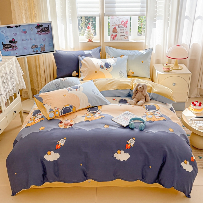 91家纺网 家纺一手货源 找家纺 曼之夏 2025新款全棉印花四件套-系列二 蓝星太空人