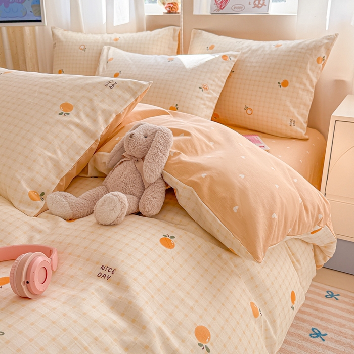 91家纺网 家纺一手货源 找家纺 曼之夏 2025新款全棉印花四件套-系列二 橘子格