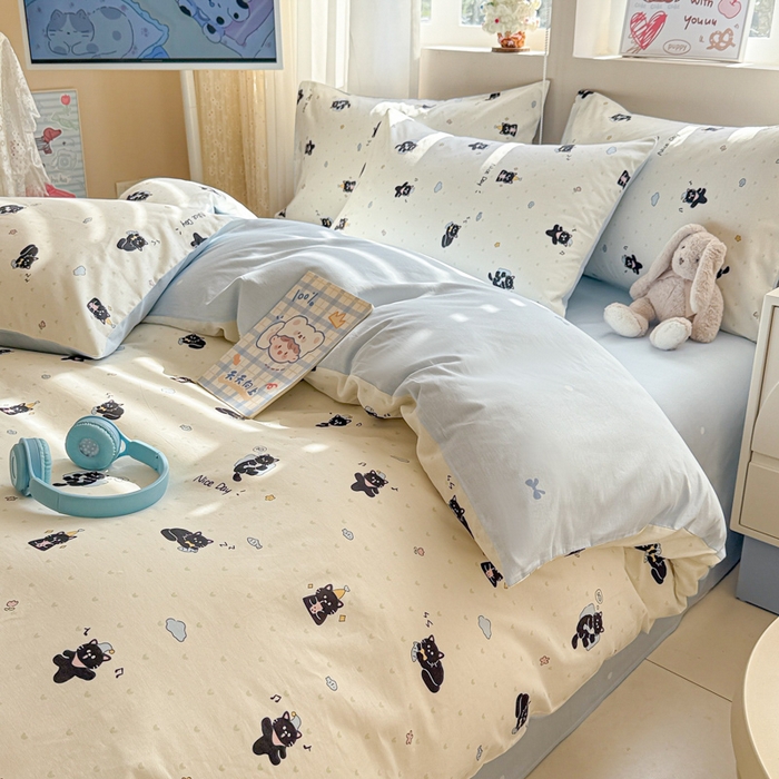 91家纺网 家纺一手货源 找家纺 曼之夏 2025新款全棉印花四件套-系列二 贪睡猫