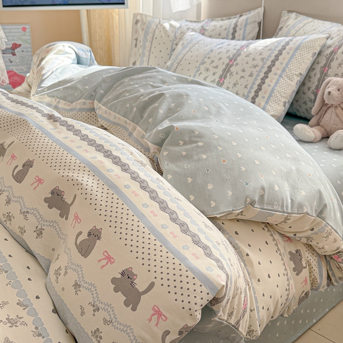 曼之夏 2025新款全棉印花四件套-系列二 小猫时光兰