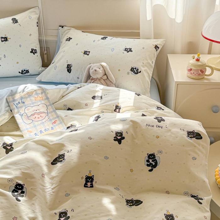 91家纺网 家纺一手货源 找家纺 曼之夏 2025新款全棉印花四件套-系列二 贪睡猫