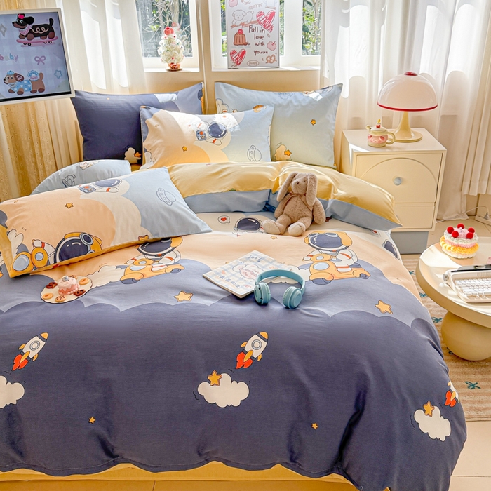 91家纺网 家纺一手货源 找家纺 曼之夏 2025新款全棉印花四件套-系列二 蓝星太空人