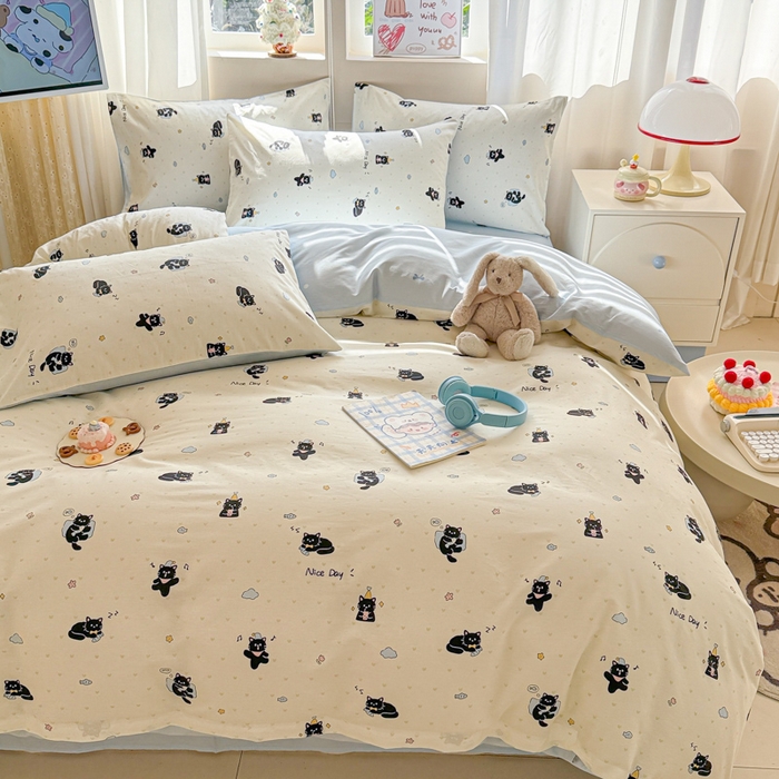 91家纺网 家纺一手货源 找家纺 曼之夏 2025新款全棉印花四件套-系列二 贪睡猫