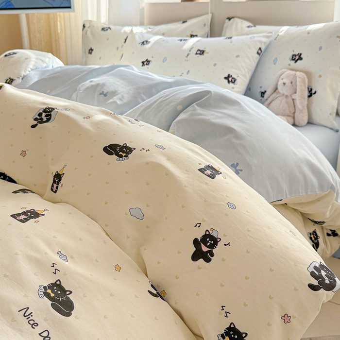 91家纺网 家纺一手货源 找家纺 曼之夏 2025新款全棉印花四件套-系列二 贪睡猫