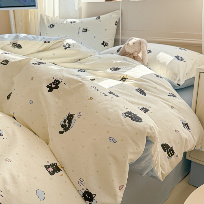 91家纺网 家纺一手货源 找家纺 曼之夏 2025新款全棉印花四件套-系列二 贪睡猫