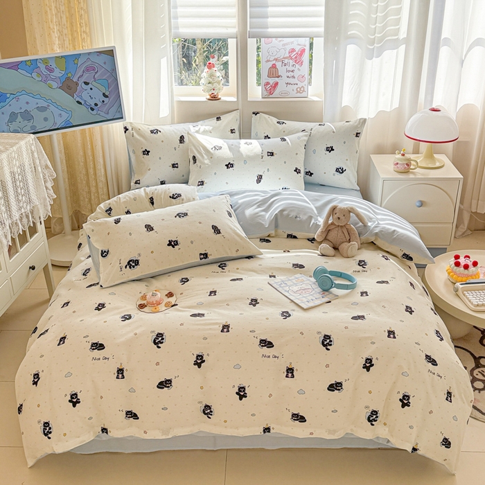 91家纺网 家纺一手货源 找家纺 曼之夏 2025新款全棉印花四件套-系列二 贪睡猫