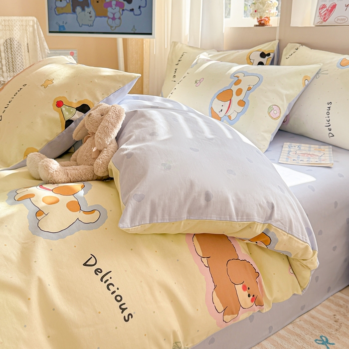 91家纺网 家纺一手货源 找家纺 曼之夏 2025新款全棉印花四件套-系列二 奶油羞羞狗