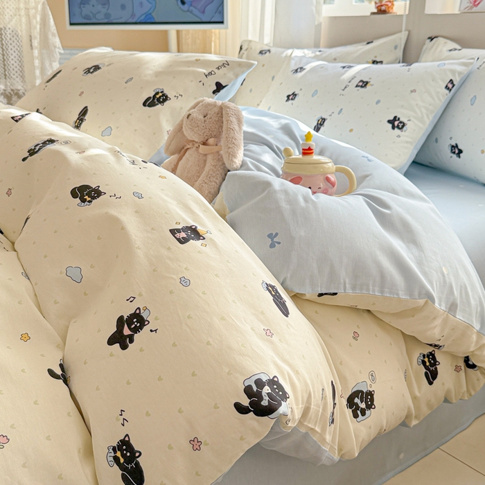 91家纺网 家纺一手货源 找家纺 曼之夏 2025新款全棉印花四件套-系列二 贪睡猫