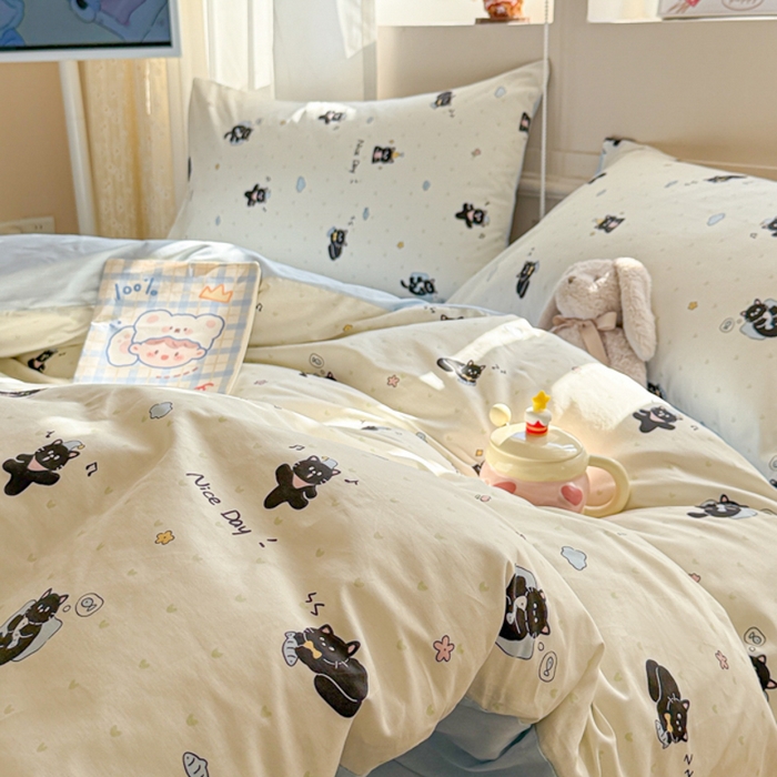 91家纺网 家纺一手货源 找家纺 曼之夏 2025新款全棉印花四件套-系列二 贪睡猫