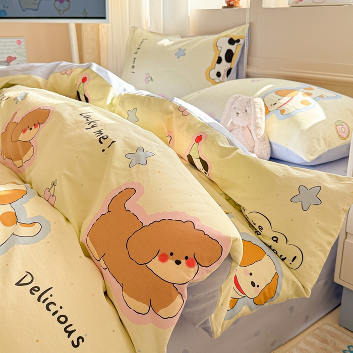 91家纺网 家纺一手货源 找家纺 曼之夏 2025新款全棉印花四件套-系列二 奶油羞羞狗