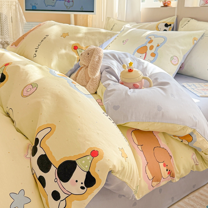 91家纺网 家纺一手货源 找家纺 曼之夏 2025新款全棉印花四件套-系列二 奶油羞羞狗