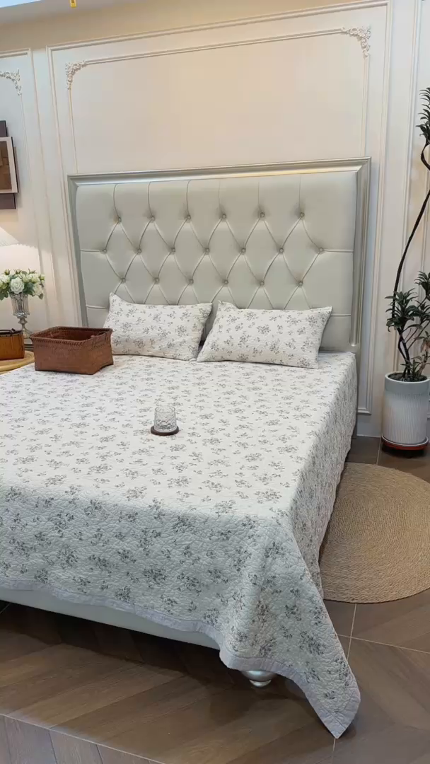 91家纺网 家纺一手货源 找家纺 床盖工厂店 2025新款全棉天竺棉麻三件套填充棉花床盖三件套花卉系列 心野薄雾