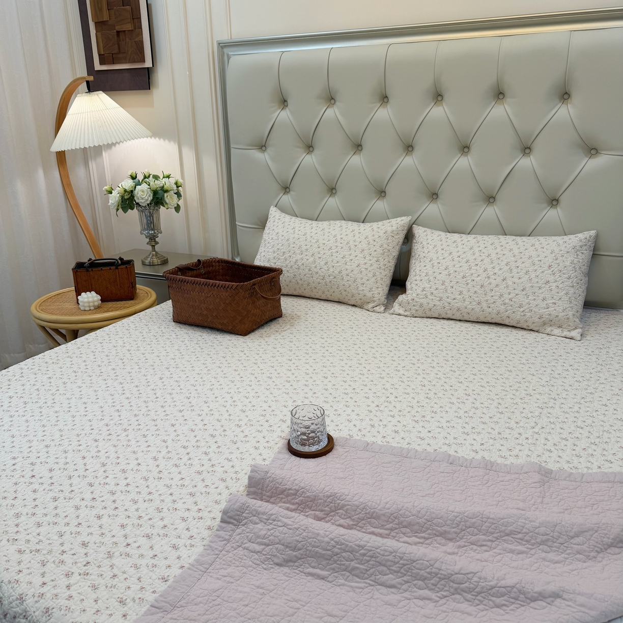 91家纺网 家纺一手货源 找家纺 床盖工厂店 2025新款全棉天竺棉麻三件套填充棉花床盖三件套花卉系列 栀子花信