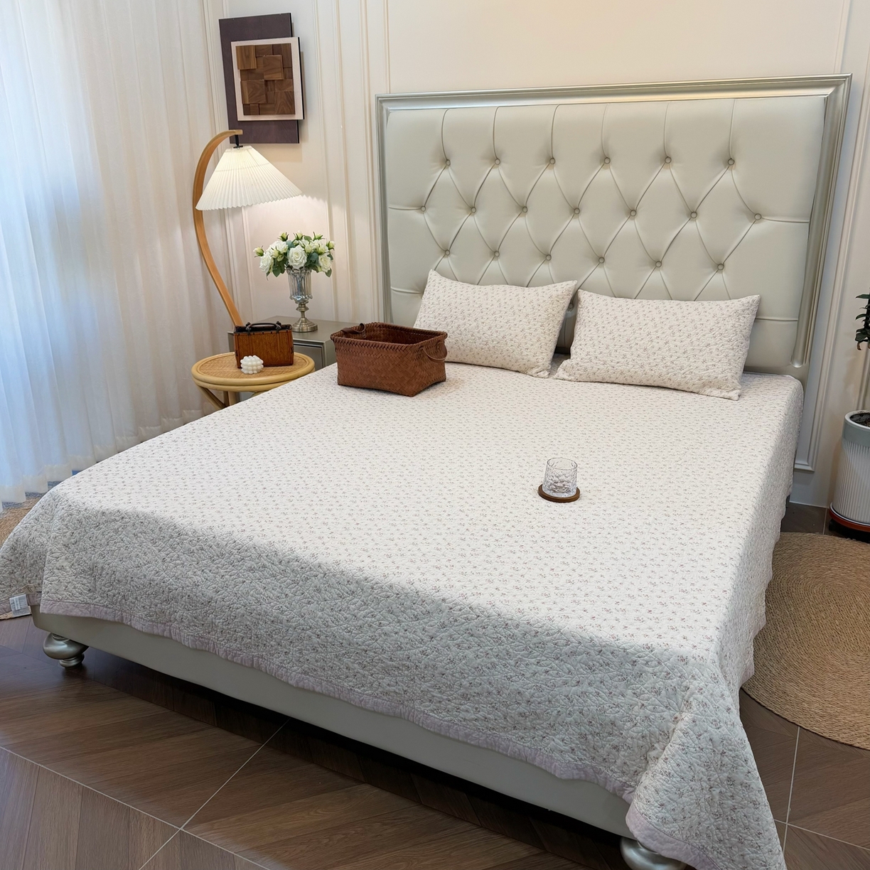 91家纺网 家纺一手货源 找家纺 床盖工厂店 2025新款全棉天竺棉麻三件套填充棉花床盖三件套花卉系列 栀子花信