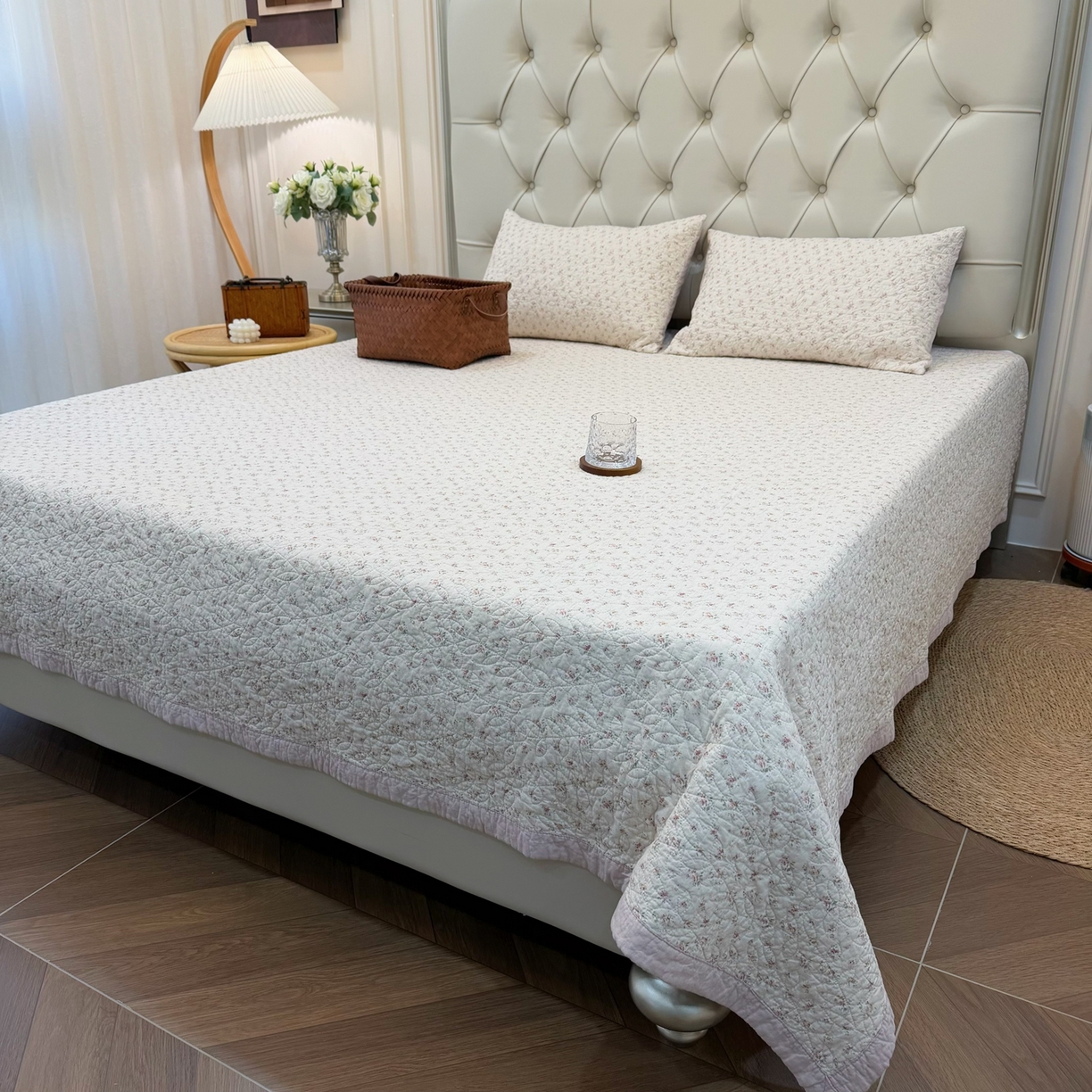 91家纺网 家纺一手货源 找家纺 床盖工厂店 2025新款全棉天竺棉麻三件套填充棉花床盖三件套花卉系列 栀子花信