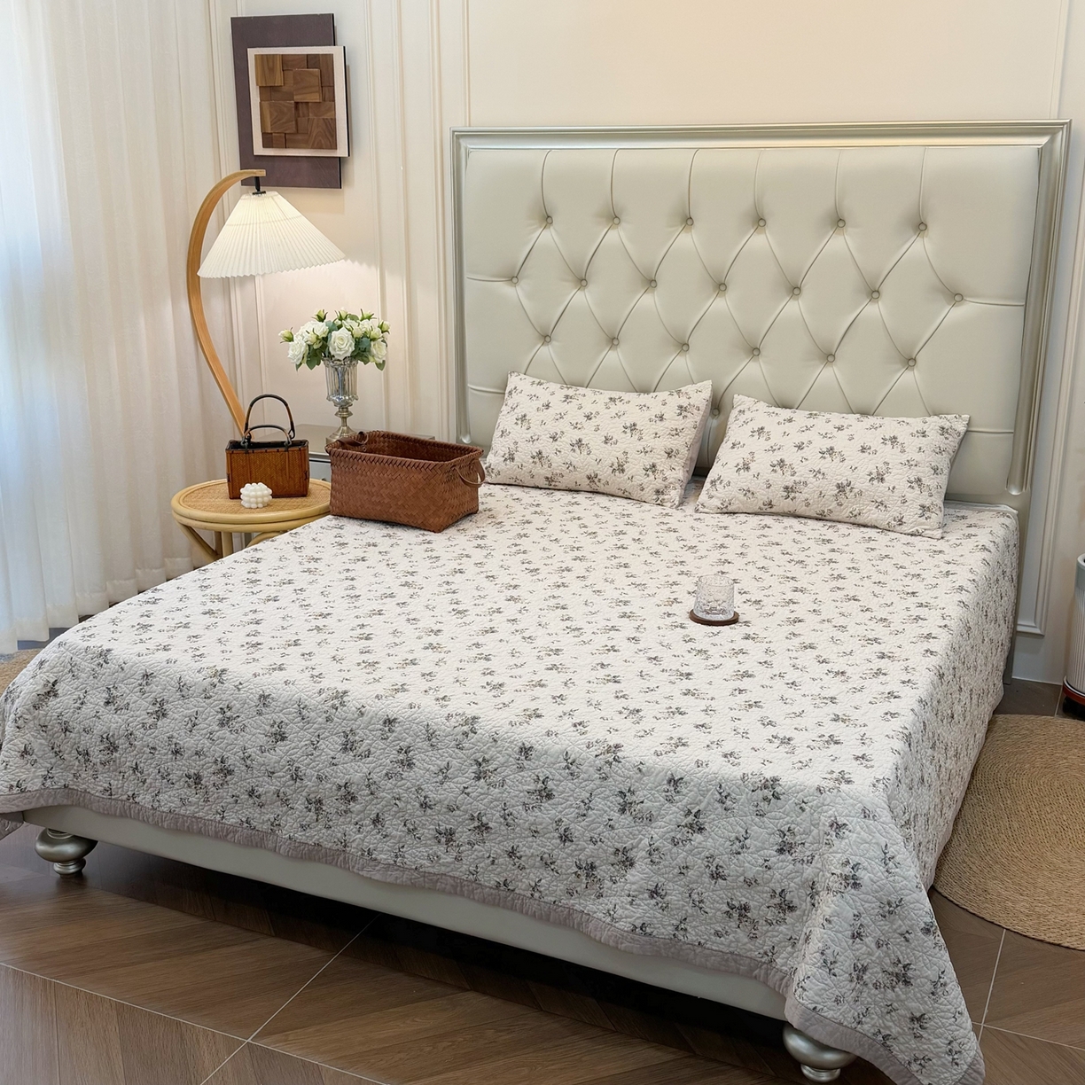 91家纺网 家纺一手货源 找家纺 床盖工厂店 2025新款全棉天竺棉麻三件套填充棉花床盖三件套花卉系列 栀子花信