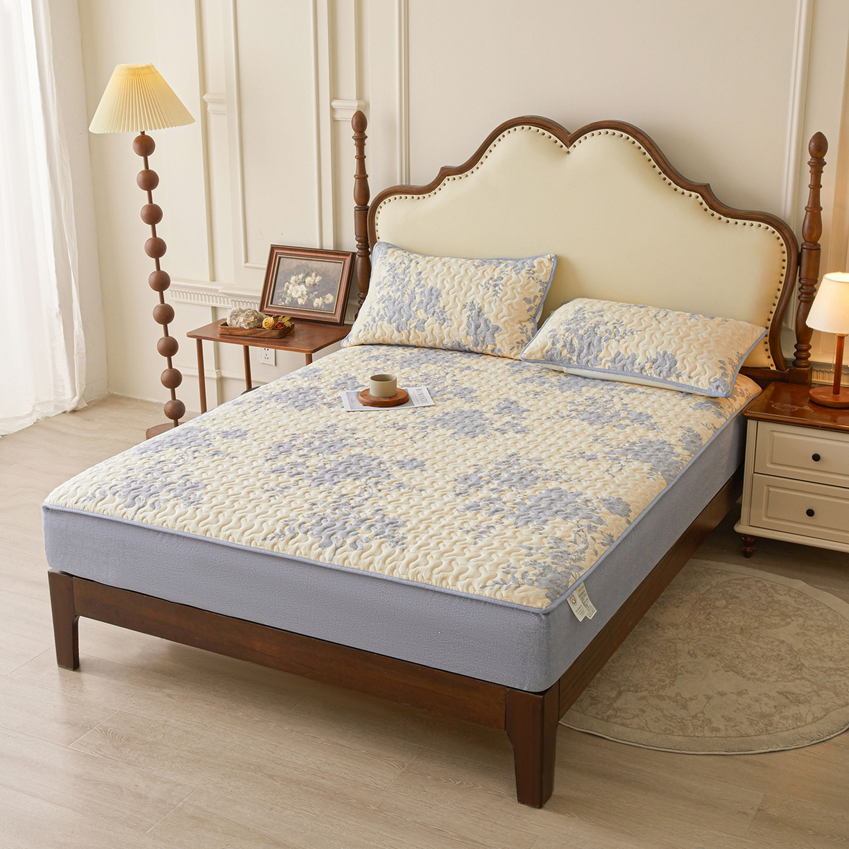 91家纺网 家纺一手货源 找家纺 笠裙家纺 2026新款加厚云感水洗棉印花夹棉床笠床罩【幻彩系列】 幻彩-兰亭序