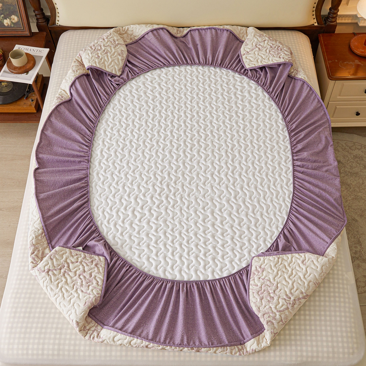 91家纺网 家纺一手货源 找家纺 笠裙家纺 2026新款加厚云感水洗棉印花夹棉床笠床罩【幻彩系列】 幻彩-云黛紫