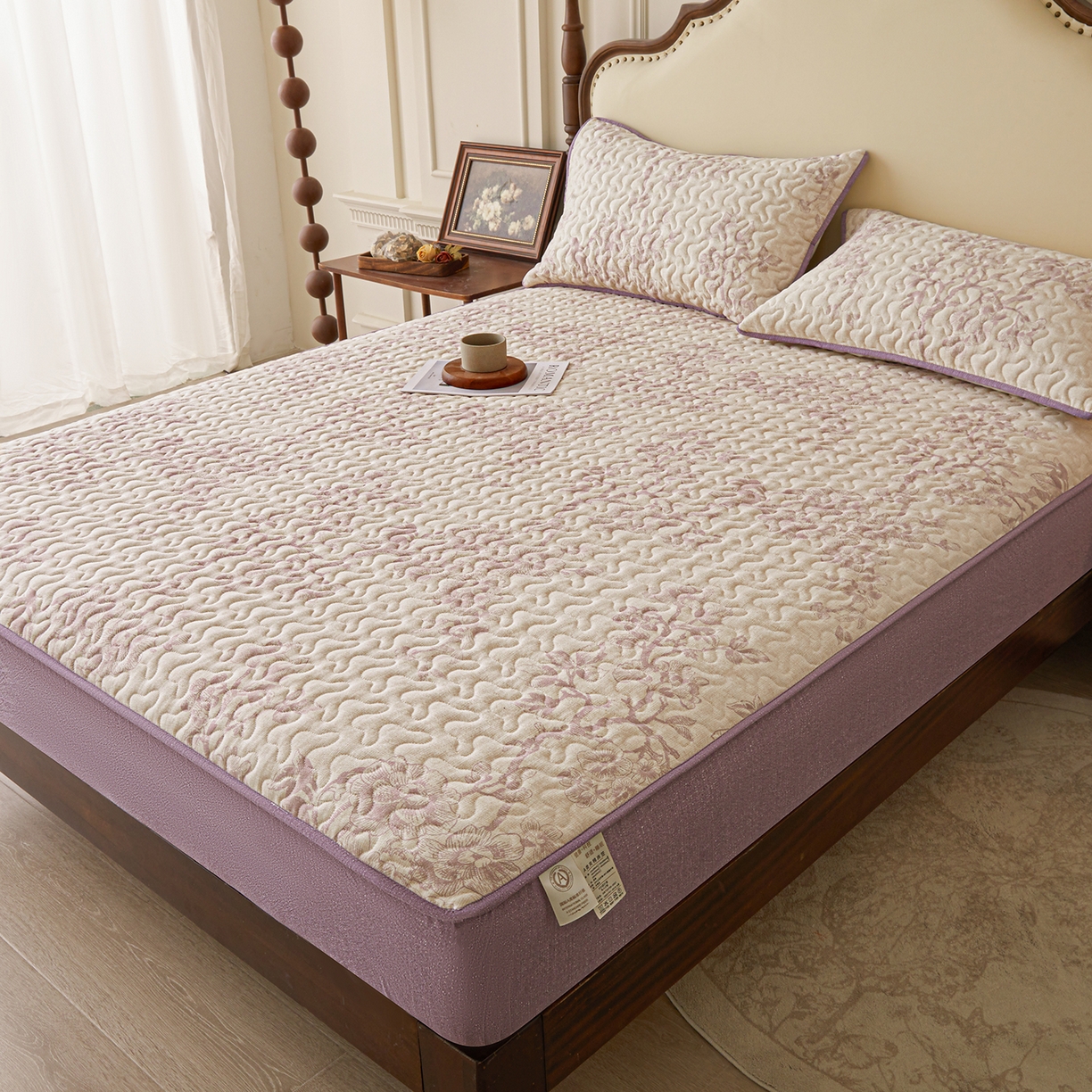 91家纺网 家纺一手货源 找家纺 笠裙家纺 2026新款加厚云感水洗棉印花夹棉床笠床罩【幻彩系列】 幻彩-云黛紫