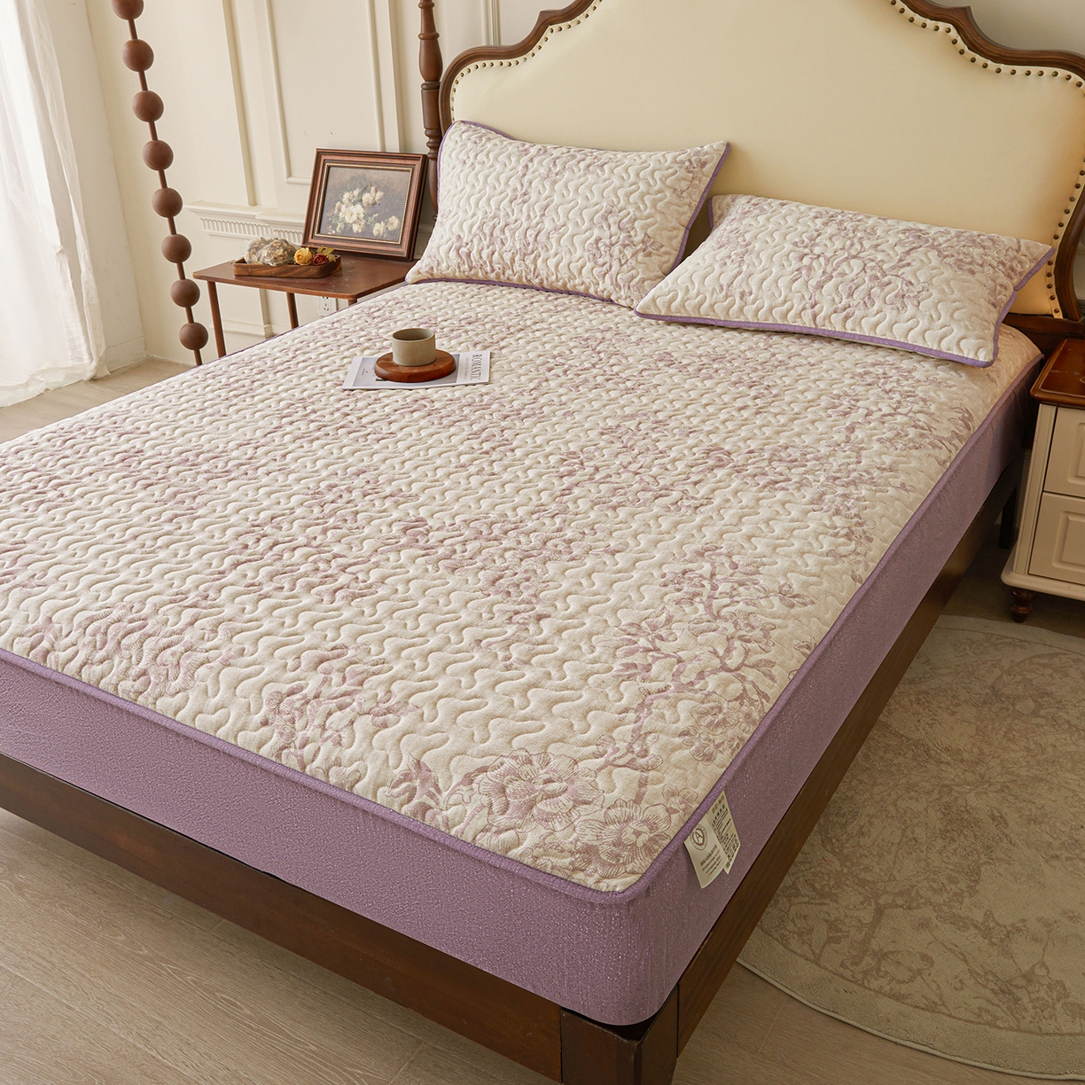 91家纺网 家纺一手货源 找家纺 笠裙家纺 2026新款加厚云感水洗棉印花夹棉床笠床罩【幻彩系列】 幻彩-云黛紫