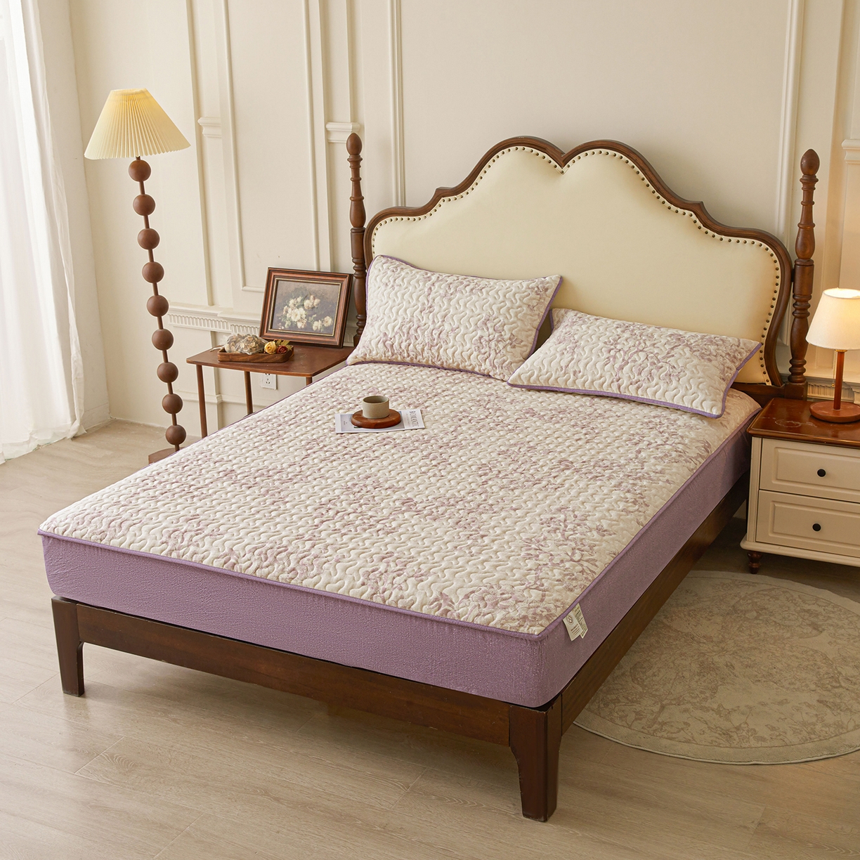 91家纺网 家纺一手货源 找家纺 笠裙家纺 2026新款加厚云感水洗棉印花夹棉床笠床罩【幻彩系列】 幻彩-云黛紫