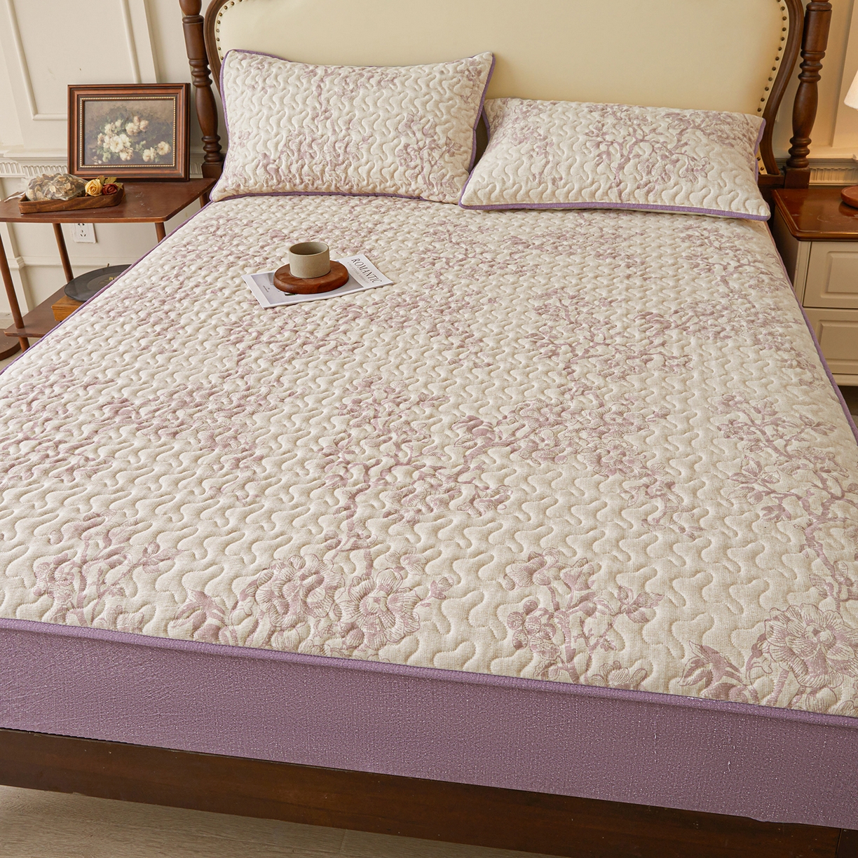 91家纺网 家纺一手货源 找家纺 笠裙家纺 2026新款加厚云感水洗棉印花夹棉床笠床罩【幻彩系列】 幻彩-云黛紫