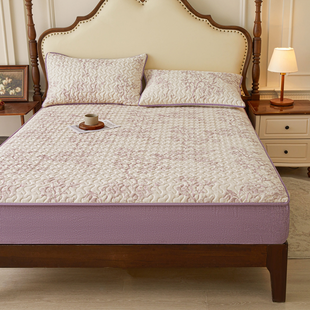 91家纺网 家纺一手货源 找家纺 笠裙家纺 2026新款加厚云感水洗棉印花夹棉床笠床罩【幻彩系列】 幻彩-云黛紫