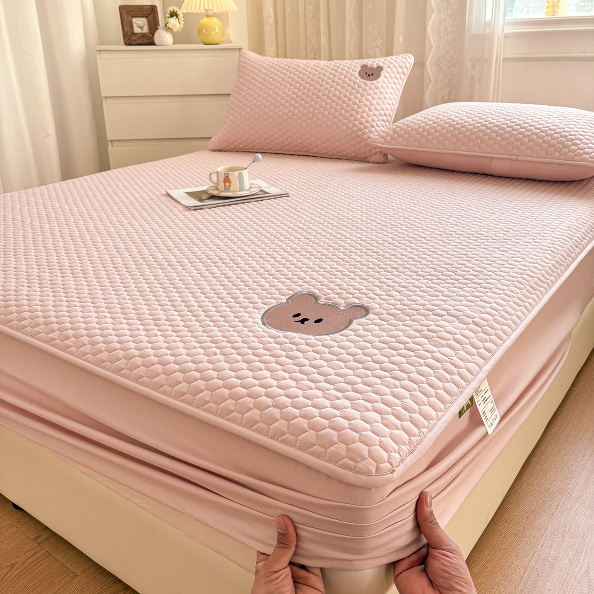 居眠 2026新款熊熊夹棉床笠 熊熊-粉色