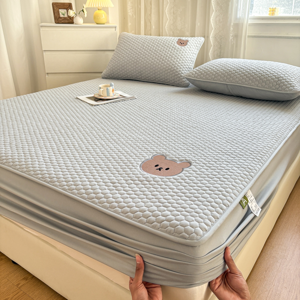 居眠 2026新款熊熊夹棉床笠 熊熊-灰色