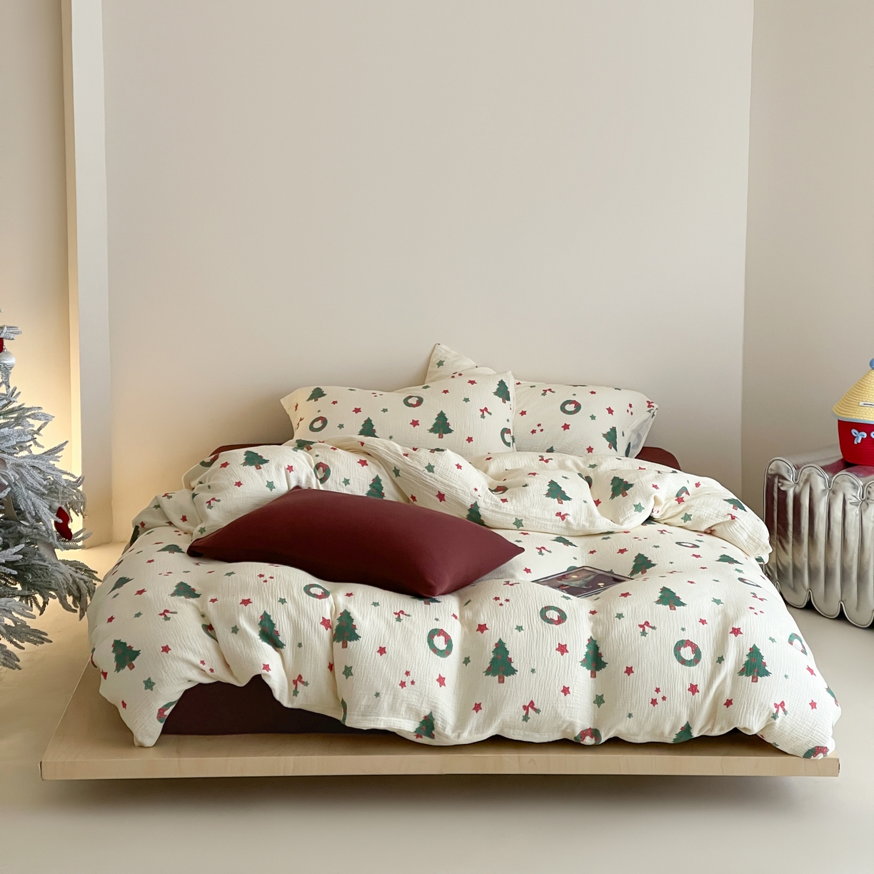 91家纺网 家纺一手货源 找家纺 （总）山舍家居 2025新款全棉双层皱皱纱圣诞特款四件套-圣诞系列