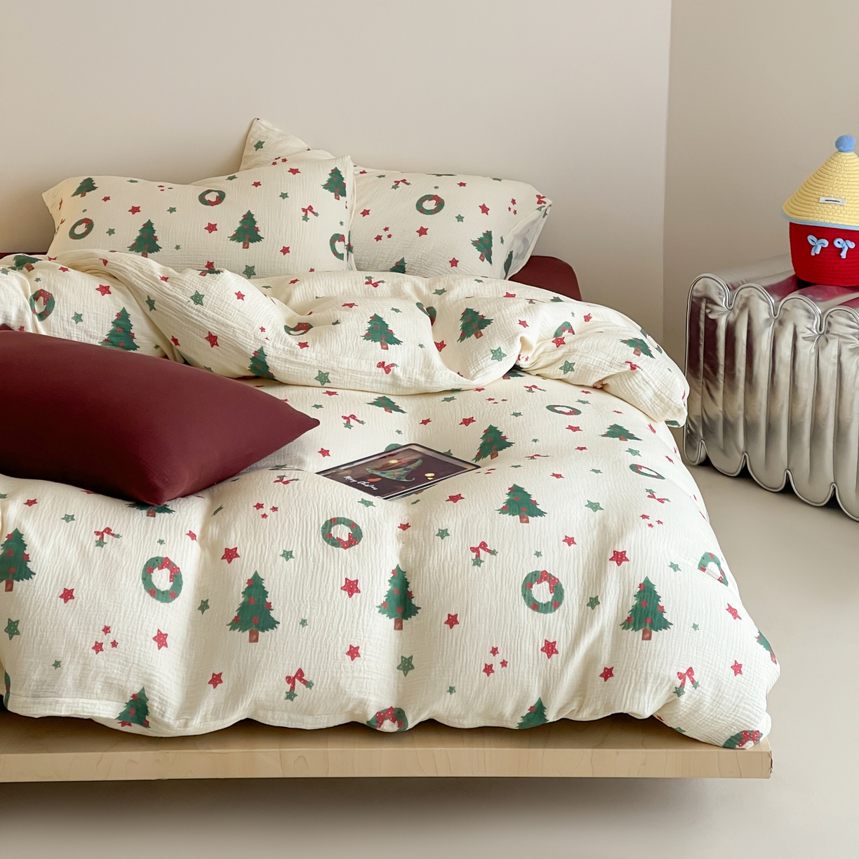 91家纺网 家纺一手货源 找家纺 （总）山舍家居 2025新款全棉双层皱皱纱圣诞特款四件套-圣诞系列