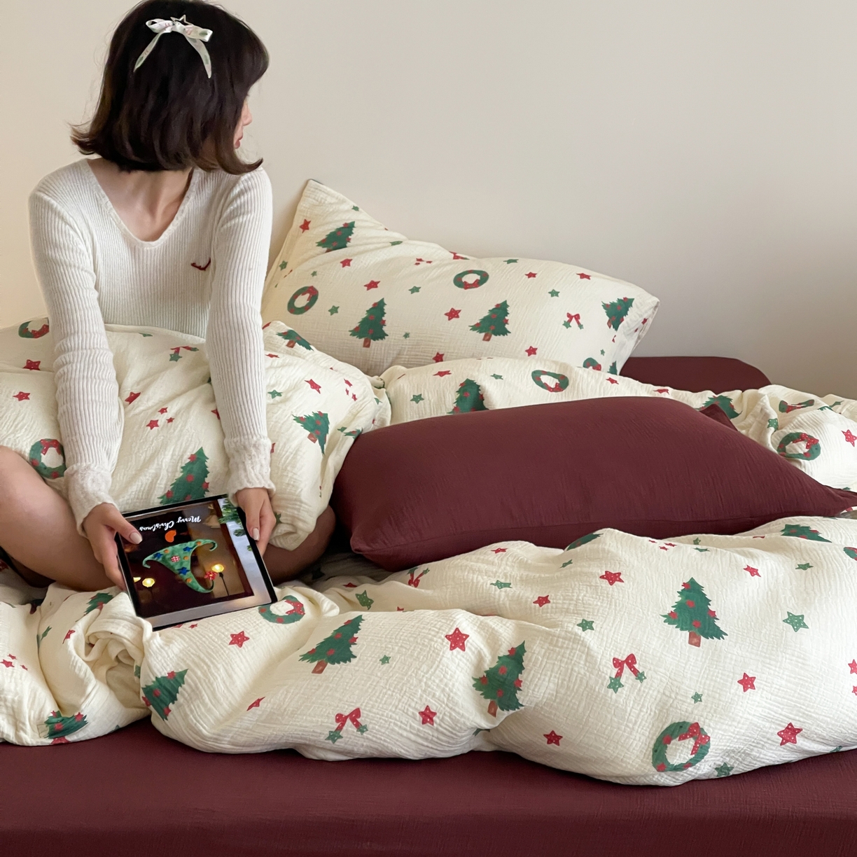 91家纺网 家纺一手货源 找家纺 （总）山舍家居 2025新款全棉双层皱皱纱圣诞特款四件套-圣诞系列