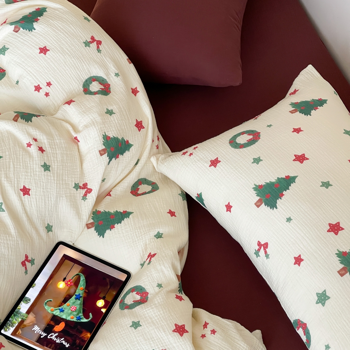 91家纺网 家纺一手货源 找家纺 （总）山舍家居 2025新款全棉双层皱皱纱圣诞特款四件套-圣诞系列